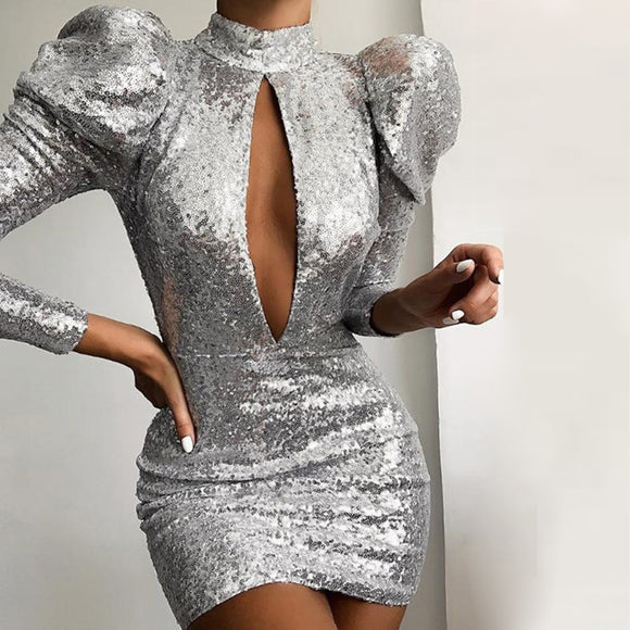 Elegant Puff Sleeve Drag Queen Sequin Dress